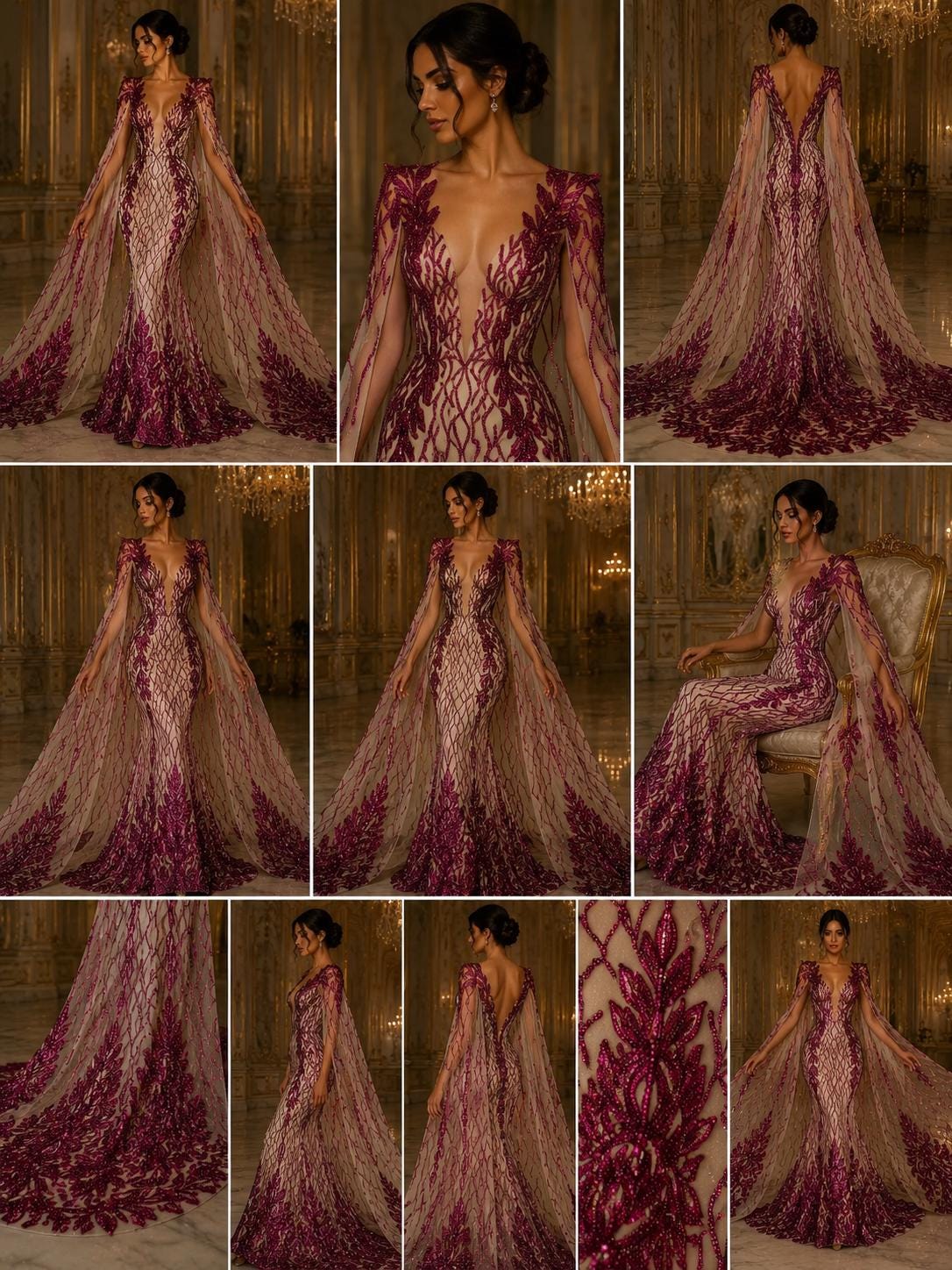 Wing Design Luxury Shiny Sequin - FUCHSIA/NUDE - 4 Way Stretch Mesh Fabric – Prom & Evening Dress Material By The Yard.