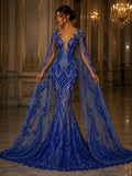 Feather Design Luxury Shiny Sequin - ROYAL BLUE - 4 Way Stretch Mesh Fabric – Prom & Evening Dress Material By The Yard.