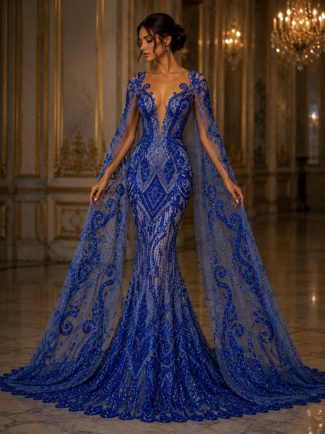 Feather Design Luxury Shiny Sequin - ROYAL BLUE - 4 Way Stretch Mesh Fabric – Prom & Evening Dress Material By The Yard.