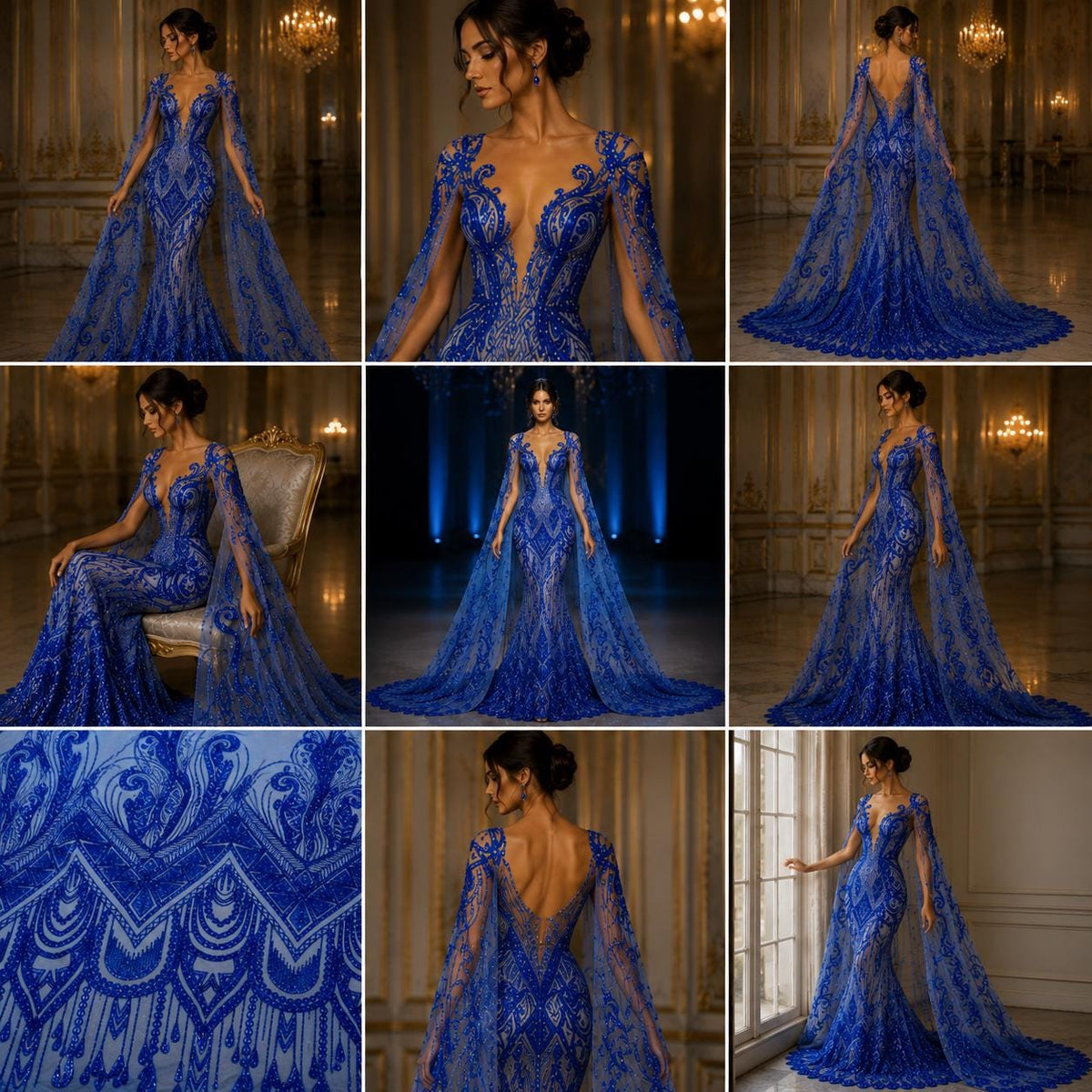 Feather Design Luxury Shiny Sequin - ROYAL BLUE - 4 Way Stretch Mesh Fabric – Prom & Evening Dress Material By The Yard.