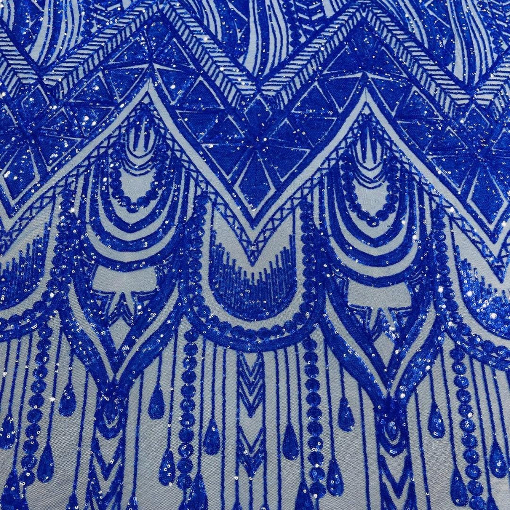 Feather Design Luxury Shiny Sequin - ROYAL BLUE - 4 Way Stretch Mesh Fabric – Prom & Evening Dress Material By The Yard.