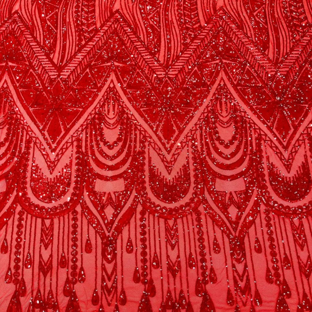 Feather Design Luxury Shiny Sequin - RED - 4 Way Stretch Mesh Fabric – Prom & Evening Dress Material By The Yard.