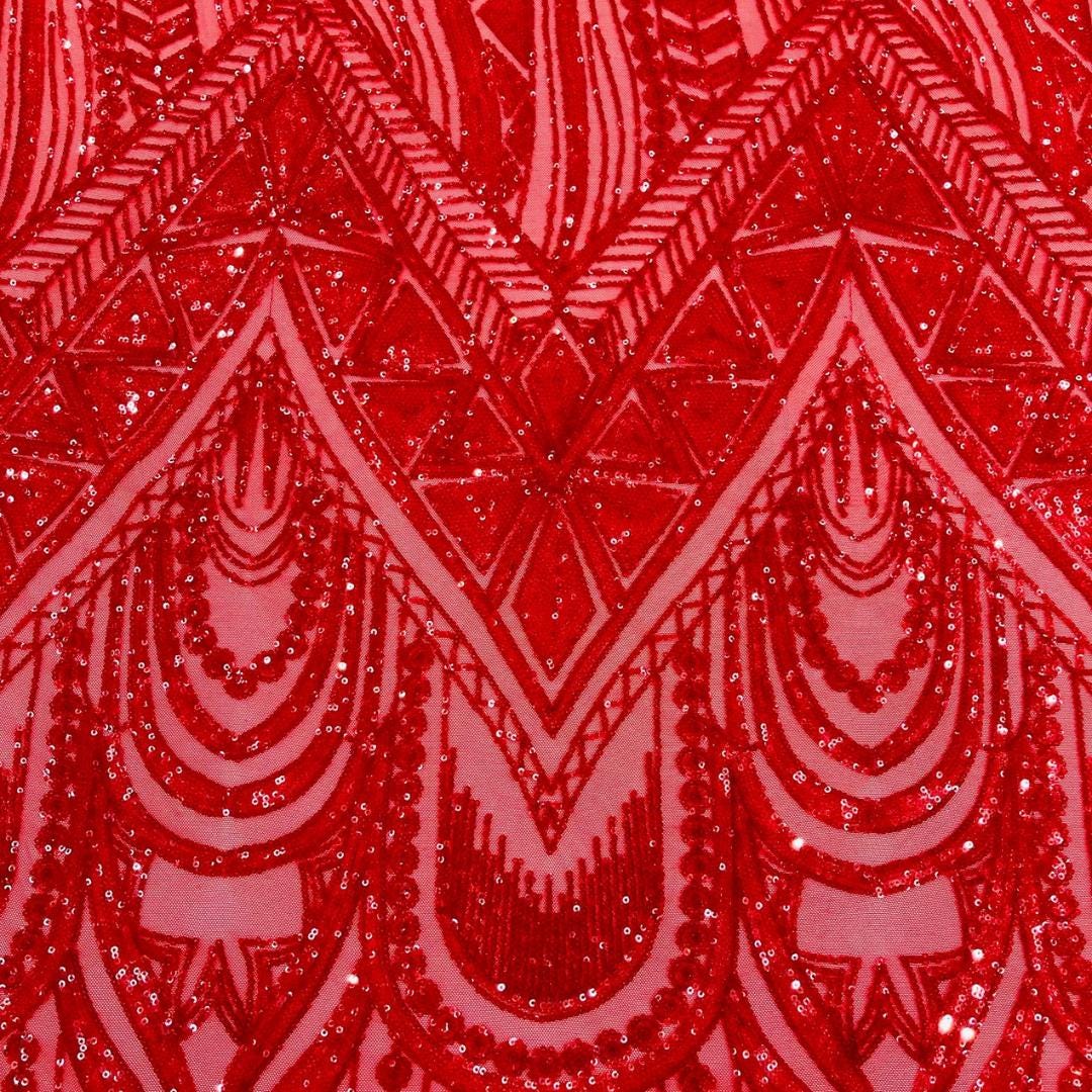 Feather Design Luxury Shiny Sequin - RED - 4 Way Stretch Mesh Fabric – Prom & Evening Dress Material By The Yard.