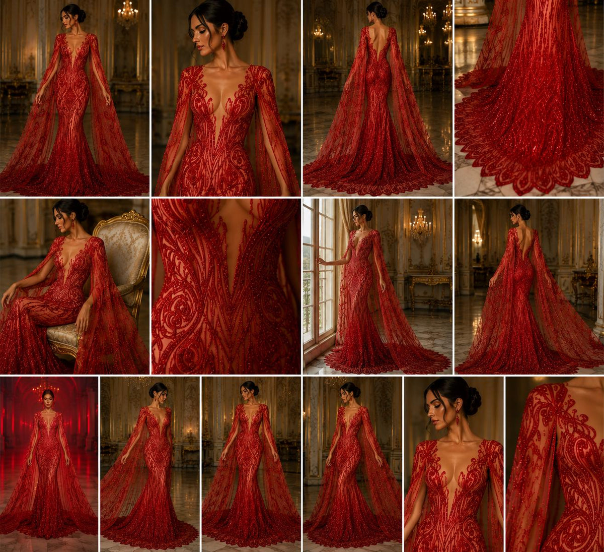 Feather Design Luxury Shiny Sequin - RED - 4 Way Stretch Mesh Fabric – Prom & Evening Dress Material By The Yard.