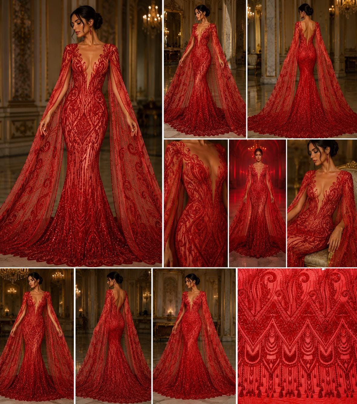 Feather Design Luxury Shiny Sequin - RED - 4 Way Stretch Mesh Fabric – Prom & Evening Dress Material By The Yard.