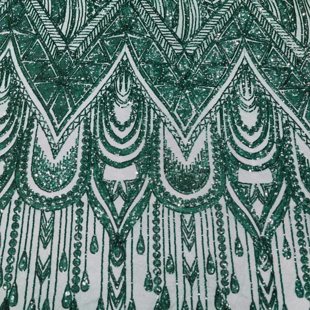 Feather Design Luxury Shiny Sequin - HUNTER - 4 Way Stretch Mesh Fabric – Prom & Evening Dress Material By The Yard.