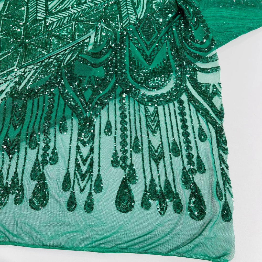 Feather Design Luxury Shiny Sequin - HUNTER - 4 Way Stretch Mesh Fabric – Prom & Evening Dress Material By The Yard.