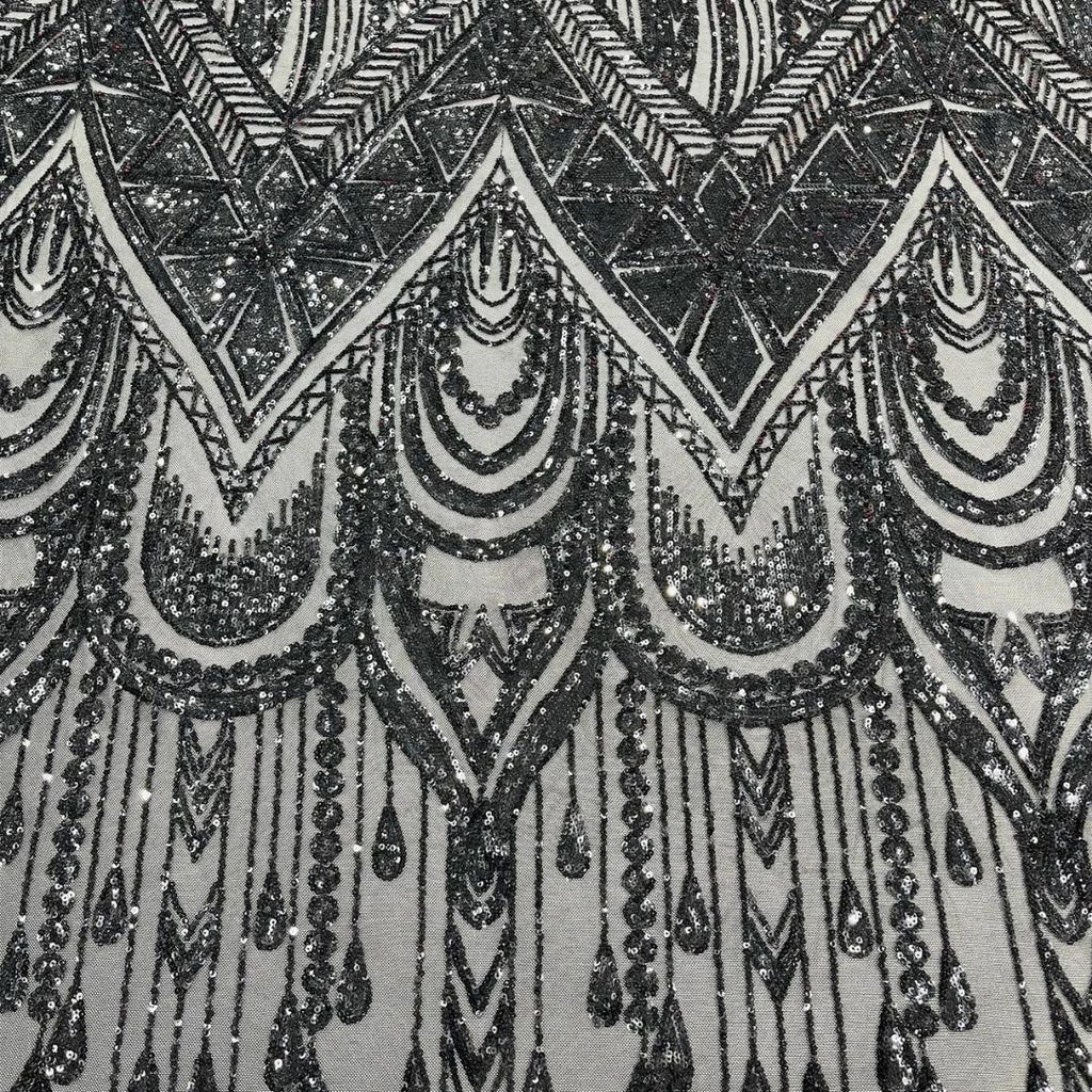 Feather Design Luxury Shiny Sequin - BLACK - 4 Way Stretch Mesh Fabric – Prom & Evening Dress Material By The Yard.