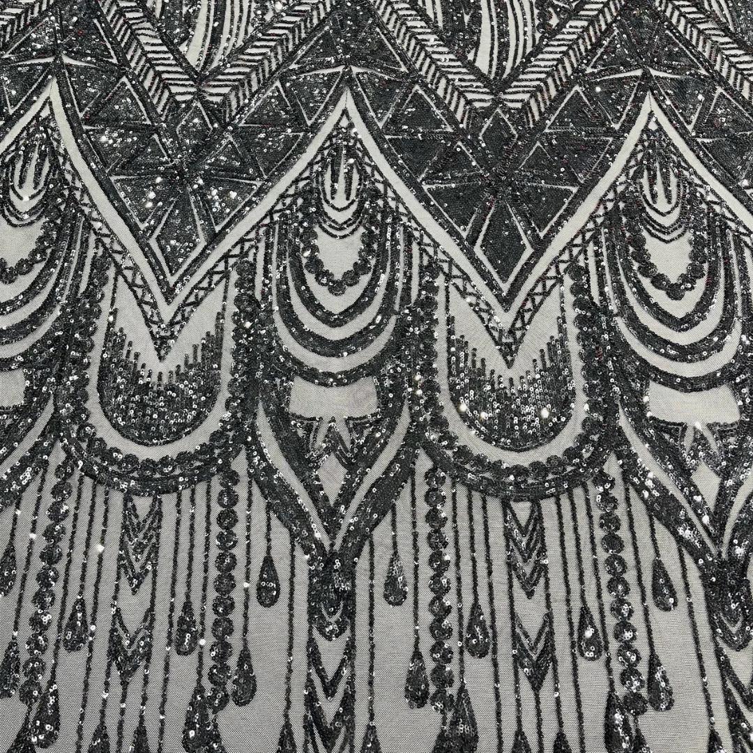Feather Design Luxury Shiny Sequin - BLACK - 4 Way Stretch Mesh Fabric – Prom & Evening Dress Material By The Yard.