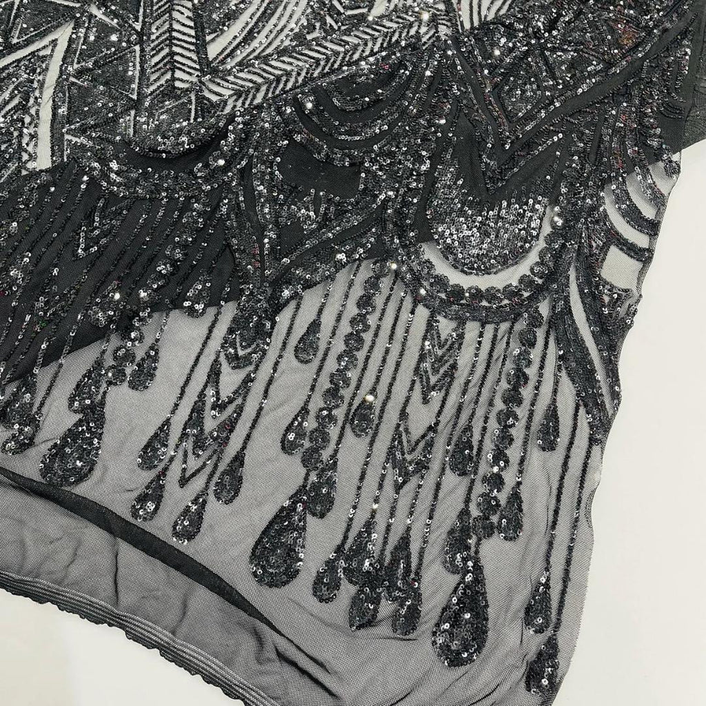 Feather Design Luxury Shiny Sequin - BLACK - 4 Way Stretch Mesh Fabric – Prom & Evening Dress Material By The Yard.