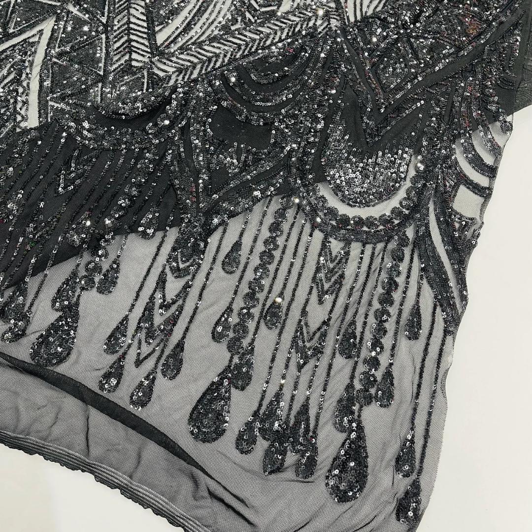 Feather Design Luxury Shiny Sequin - BLACK - 4 Way Stretch Mesh Fabric – Prom & Evening Dress Material By The Yard.