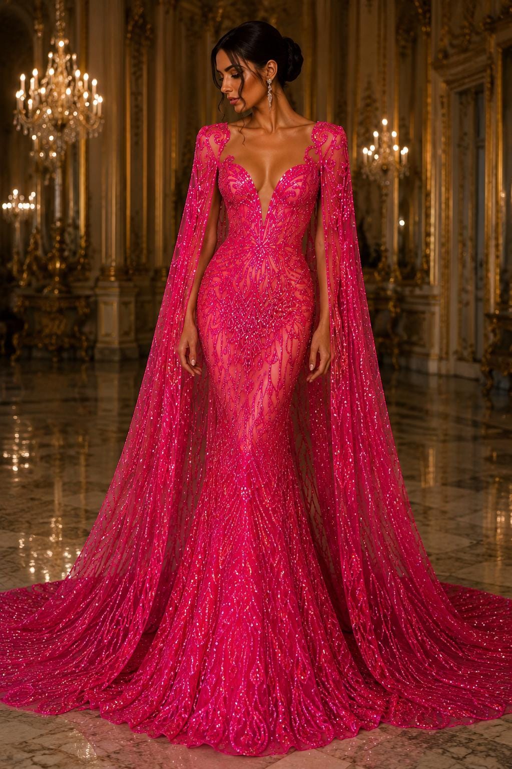 Feather Design Iridescent Luxury Shiny Sequin - FUCHSIA - 4 Way Stretch Mesh Fabric – Prom & Evening Dress Material By The Yard.