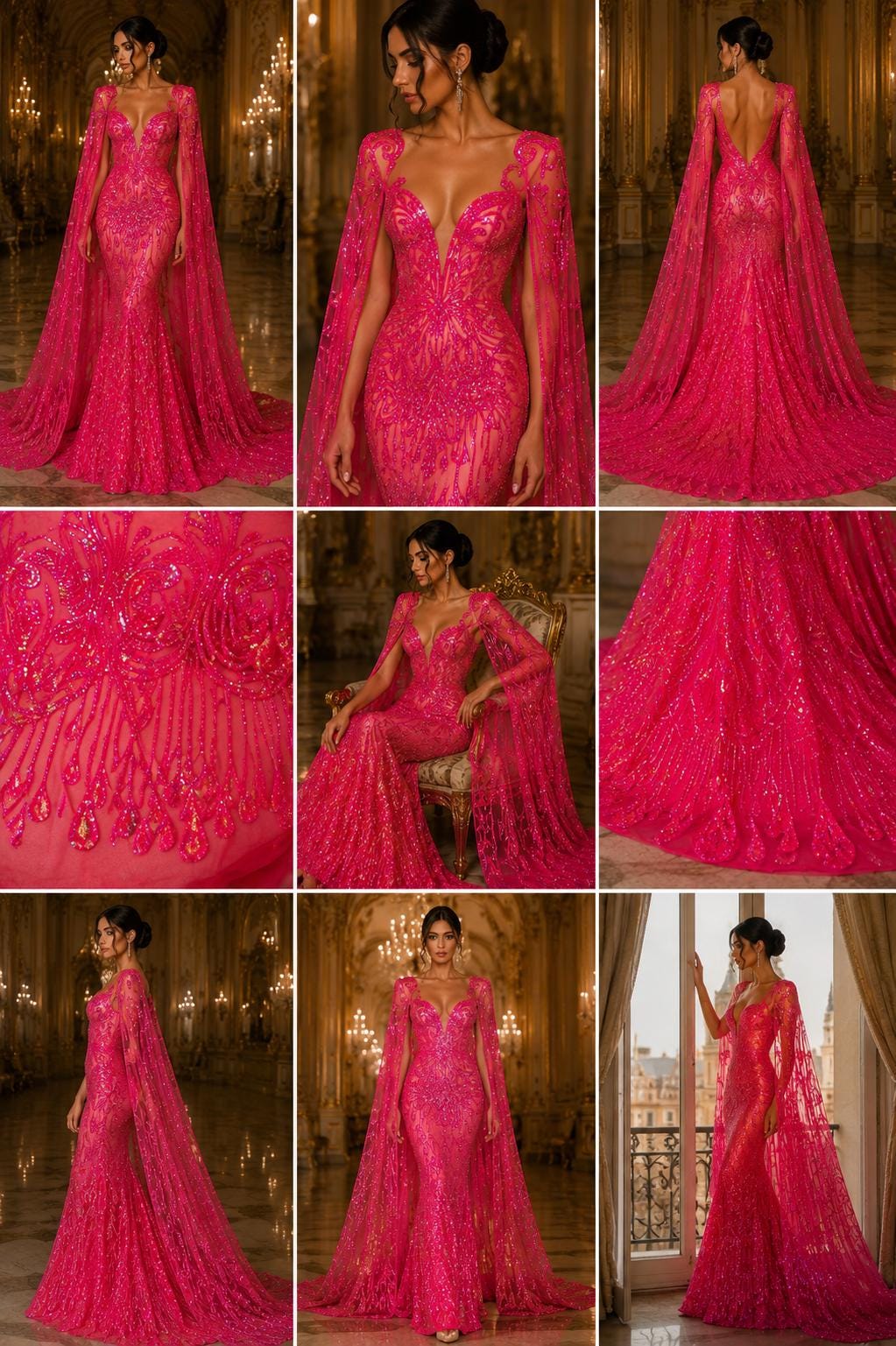 Feather Design Iridescent Luxury Shiny Sequin - FUCHSIA - 4 Way Stretch Mesh Fabric – Prom & Evening Dress Material By The Yard.