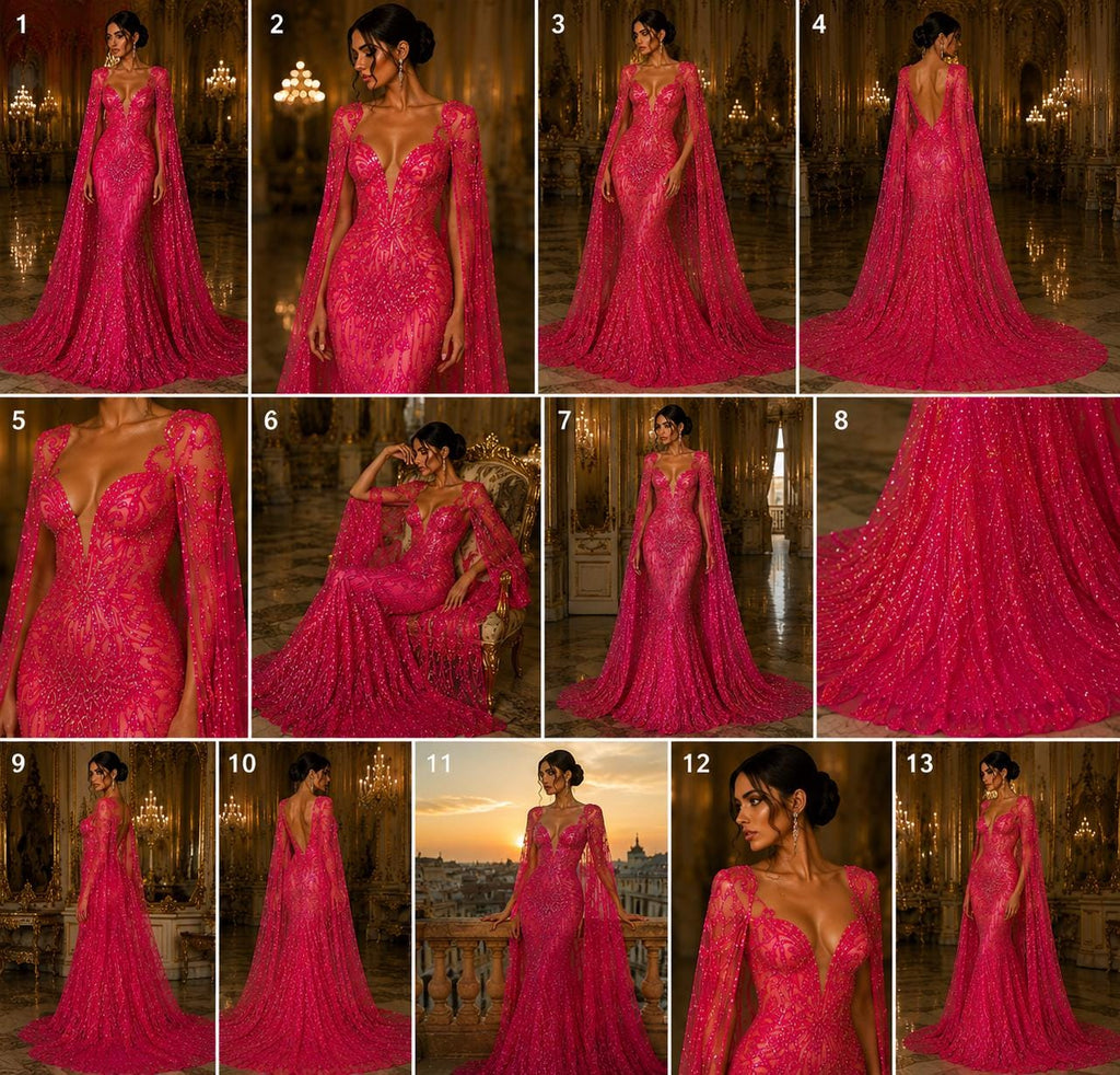 Feather Design Iridescent Luxury Shiny Sequin - FUCHSIA - 4 Way Stretch Mesh Fabric – Prom & Evening Dress Material By The Yard.