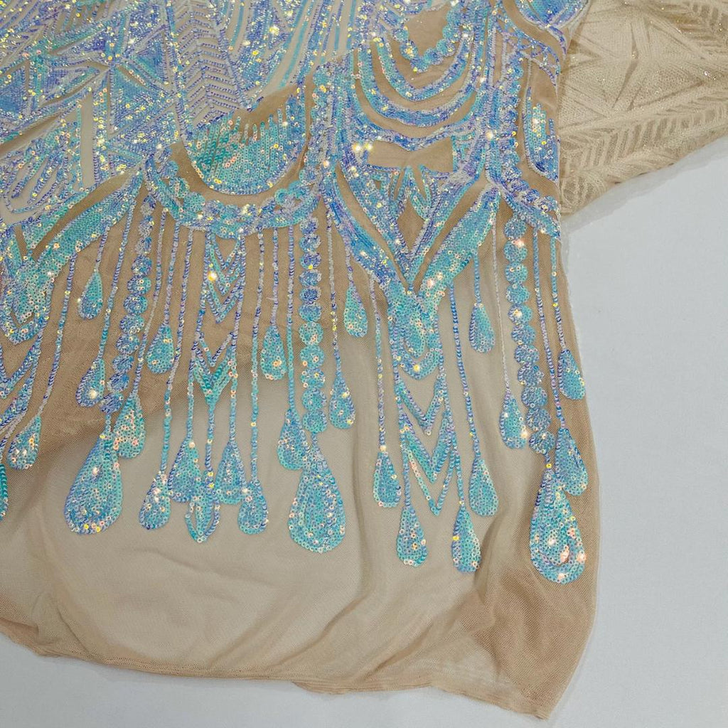 Feather Design Iridescent Luxury Shiny Sequin - AQUA/NUDE - 4 Way Stretch Mesh Fabric – Prom & Evening Dress Material By The Yard.