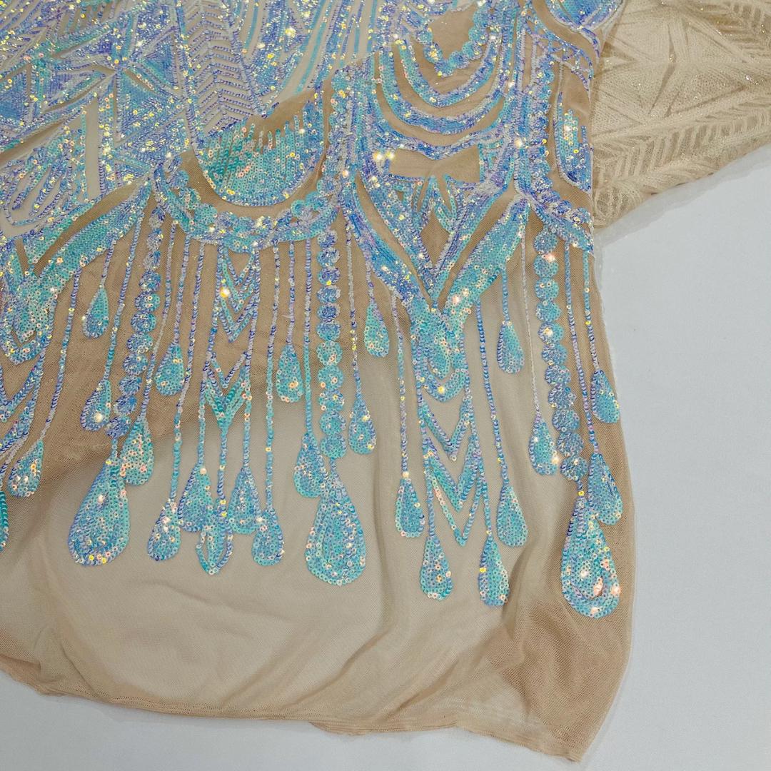 Feather Design Iridescent Luxury Shiny Sequin - AQUA/NUDE - 4 Way Stretch Mesh Fabric – Prom & Evening Dress Material By The Yard.