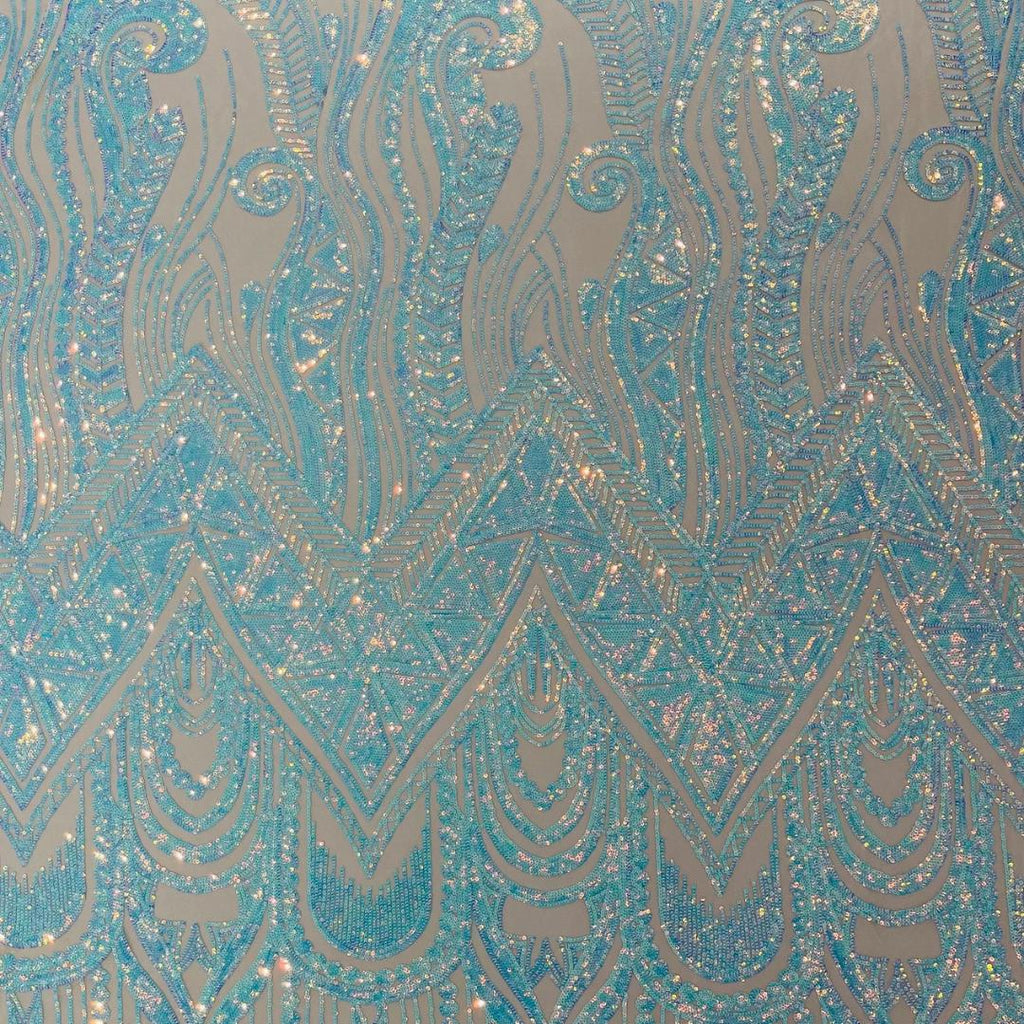 Feather Design Iridescent Luxury Shiny Sequin - AQUA/NUDE - 4 Way Stretch Mesh Fabric – Prom & Evening Dress Material By The Yard.
