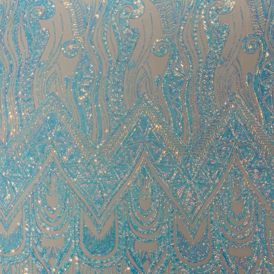 Feather Design Iridescent Luxury Shiny Sequin - AQUA/NUDE - 4 Way Stretch Mesh Fabric – Prom & Evening Dress Material By The Yard.