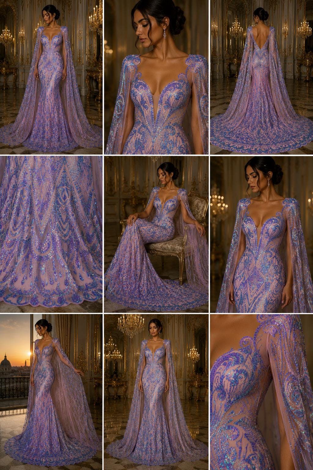 Feather Design Iridescent Luxury Shiny Sequin - LAVENDER - 4 Way Stretch Mesh Fabric – Prom & Evening Dress Material By The Yard.