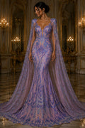 Feather Design Iridescent Luxury Shiny Sequin - LAVENDER - 4 Way Stretch Mesh Fabric – Prom & Evening Dress Material By The Yard.