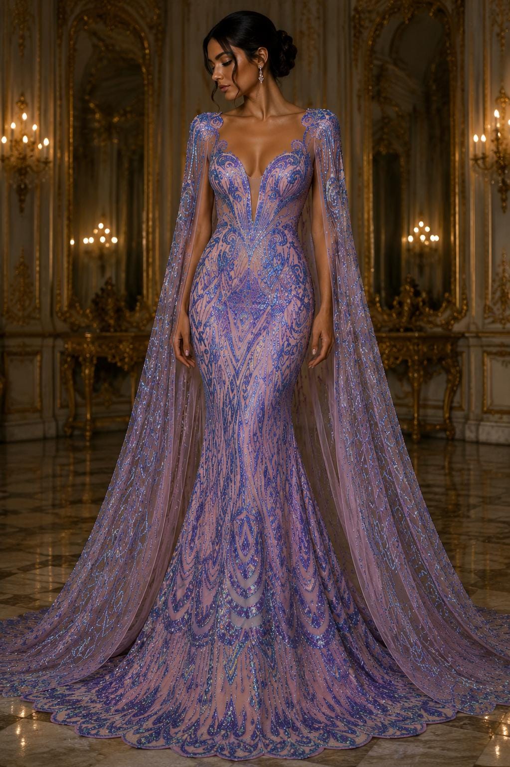 Feather Design Iridescent Luxury Shiny Sequin - LAVENDER - 4 Way Stretch Mesh Fabric – Prom & Evening Dress Material By The Yard.