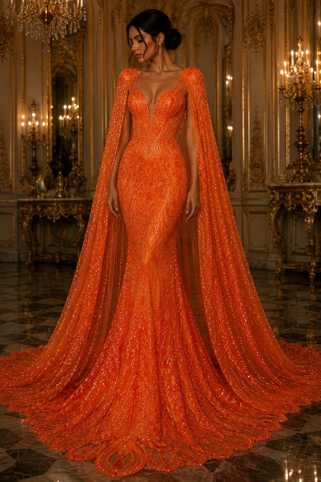 Feather Design Iridescent Luxury Shiny Sequin - ORANGE - 4 Way Stretch Mesh Fabric – Prom & Evening Dress Material By The Yard.