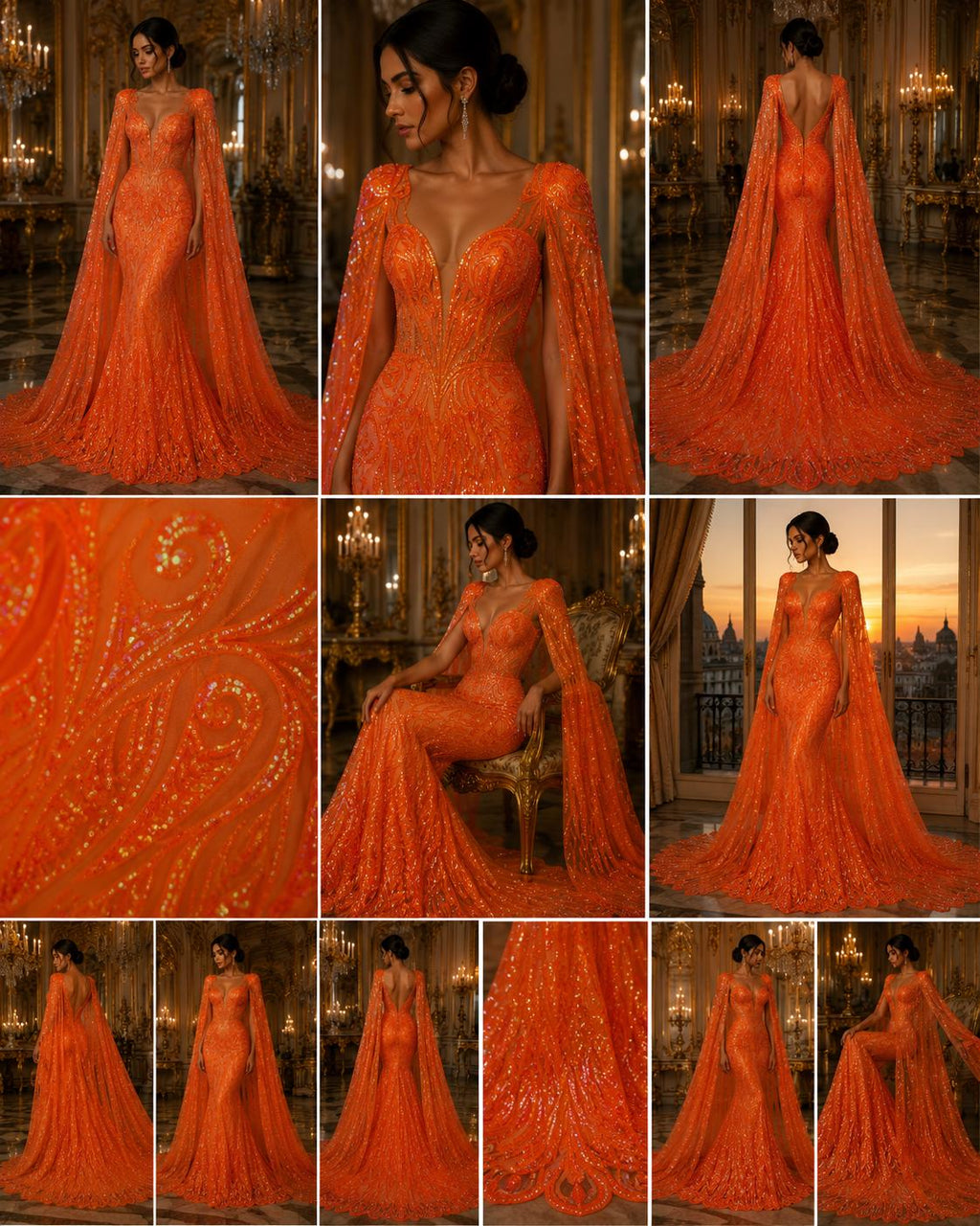 Feather Design Iridescent Luxury Shiny Sequin - ORANGE - 4 Way Stretch Mesh Fabric – Prom & Evening Dress Material By The Yard.