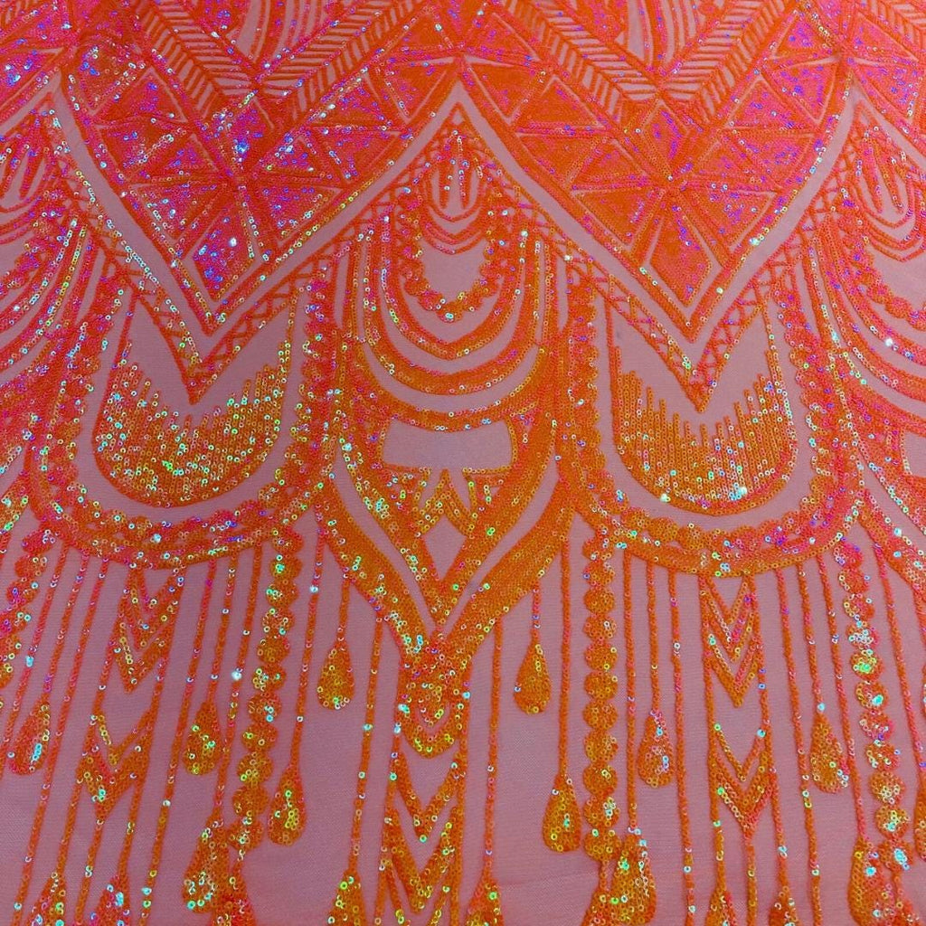 Feather Design Iridescent Luxury Shiny Sequin - ORANGE - 4 Way Stretch Mesh Fabric – Prom & Evening Dress Material By The Yard.