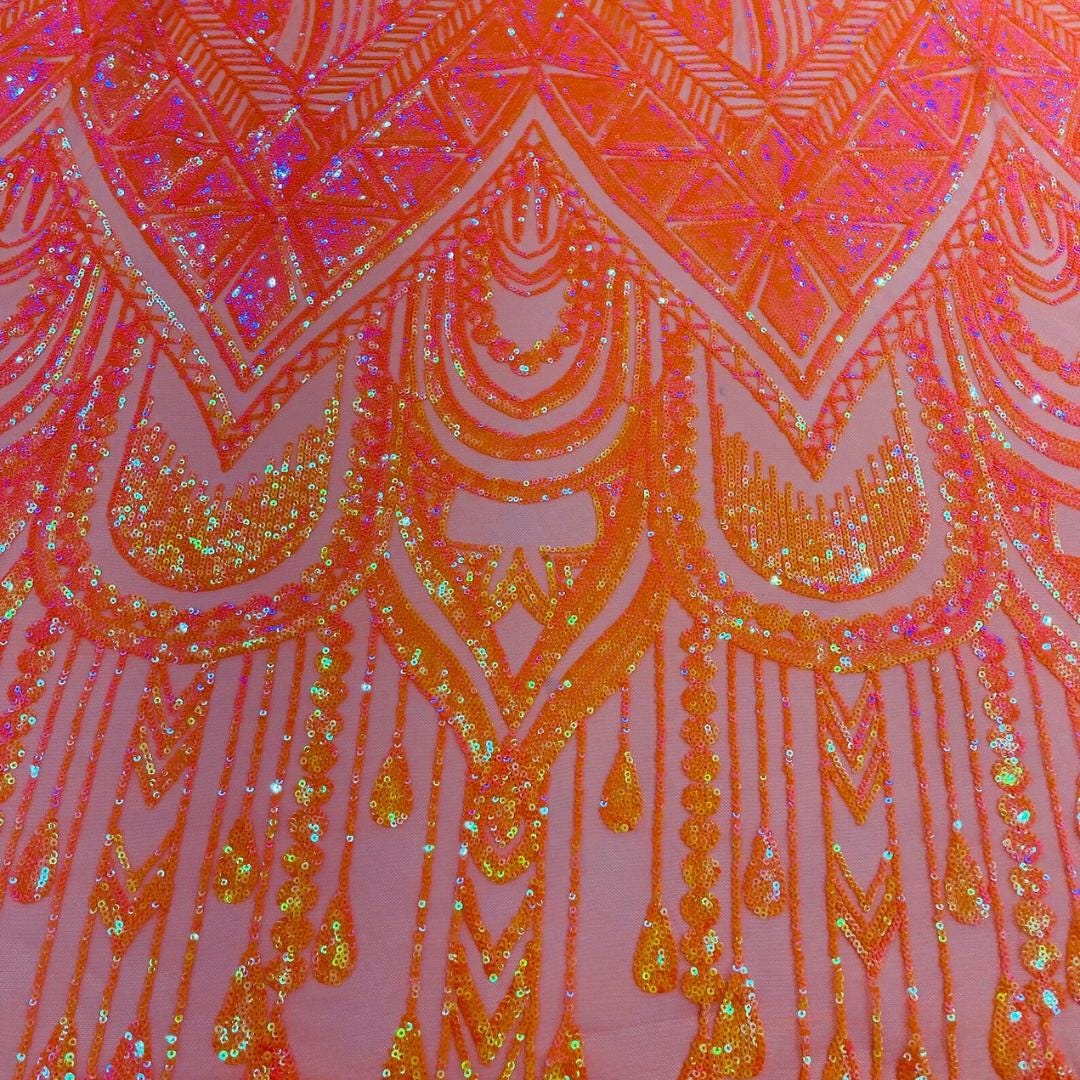 Feather Design Iridescent Luxury Shiny Sequin - ORANGE - 4 Way Stretch Mesh Fabric – Prom & Evening Dress Material By The Yard.