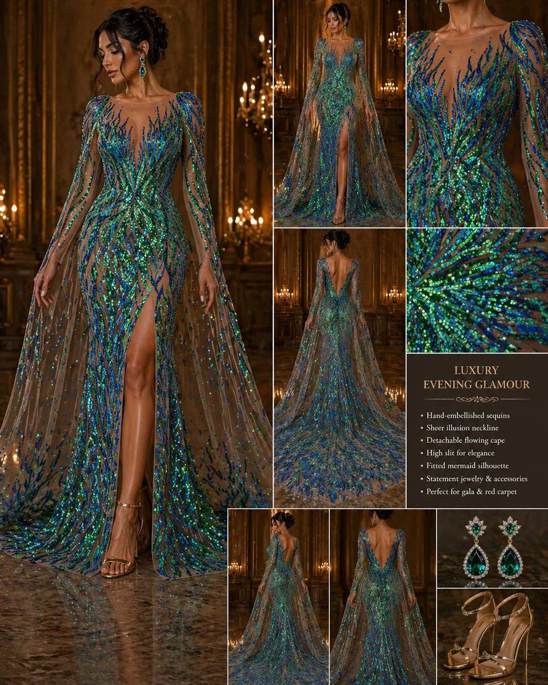 Feather Design Luxury Iridescent Shiny Sequin - GREEN - 4 Way Stretch Mesh Fabric – Prom & Evening Dress Material By The Yard.