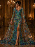Feather Design Luxury Iridescent Shiny Sequin - GREEN - 4 Way Stretch Mesh Fabric – Prom & Evening Dress Material By The Yard.