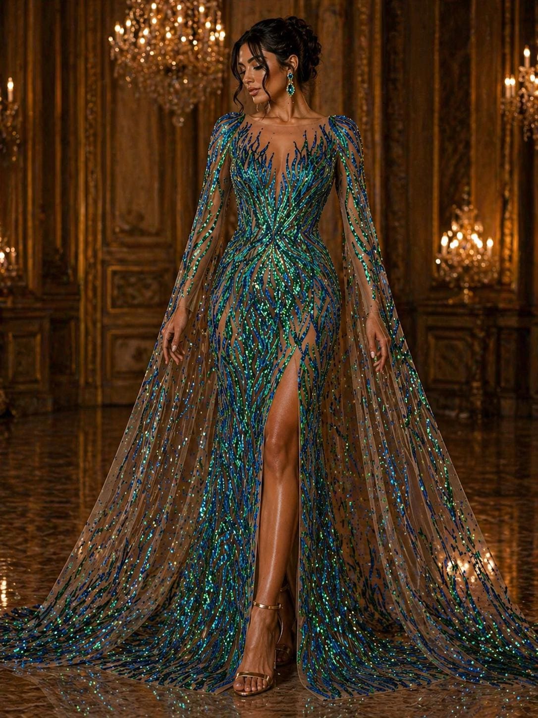 Feather Design Luxury Iridescent Shiny Sequin - GREEN - 4 Way Stretch Mesh Fabric – Prom & Evening Dress Material By The Yard.