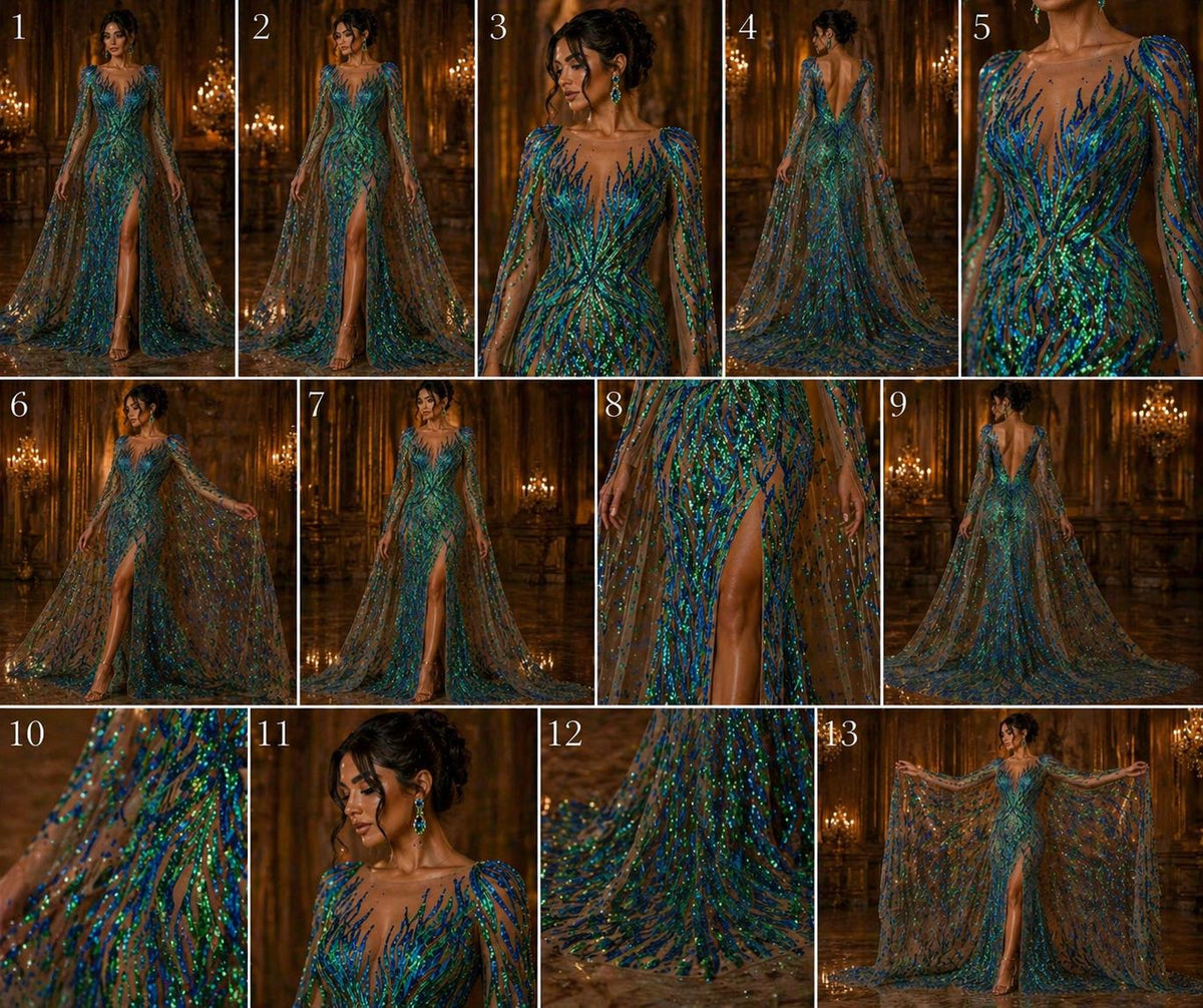 Feather Design Luxury Iridescent Shiny Sequin - GREEN - 4 Way Stretch Mesh Fabric – Prom & Evening Dress Material By The Yard.