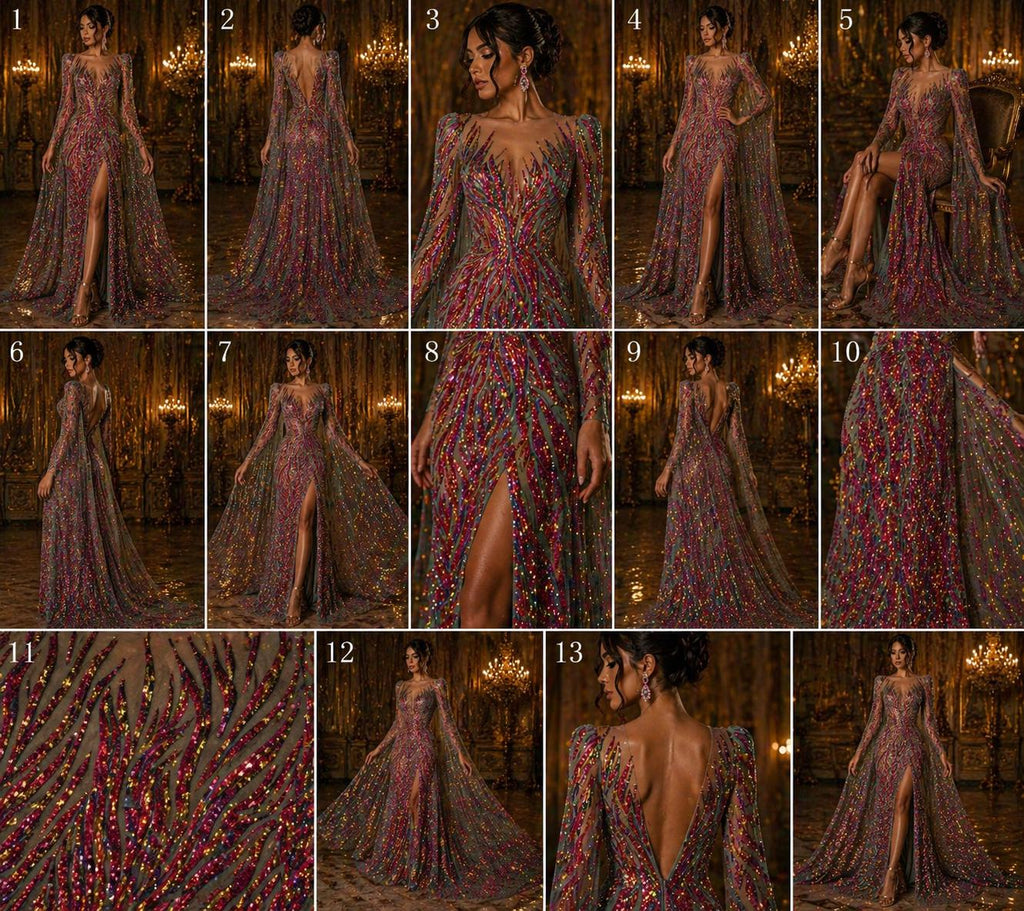 Feather Design Luxury Iridescent Shiny Sequin - RAINBOW - 4 Way Stretch Mesh Fabric – Prom & Evening Dress Material By The Yard.