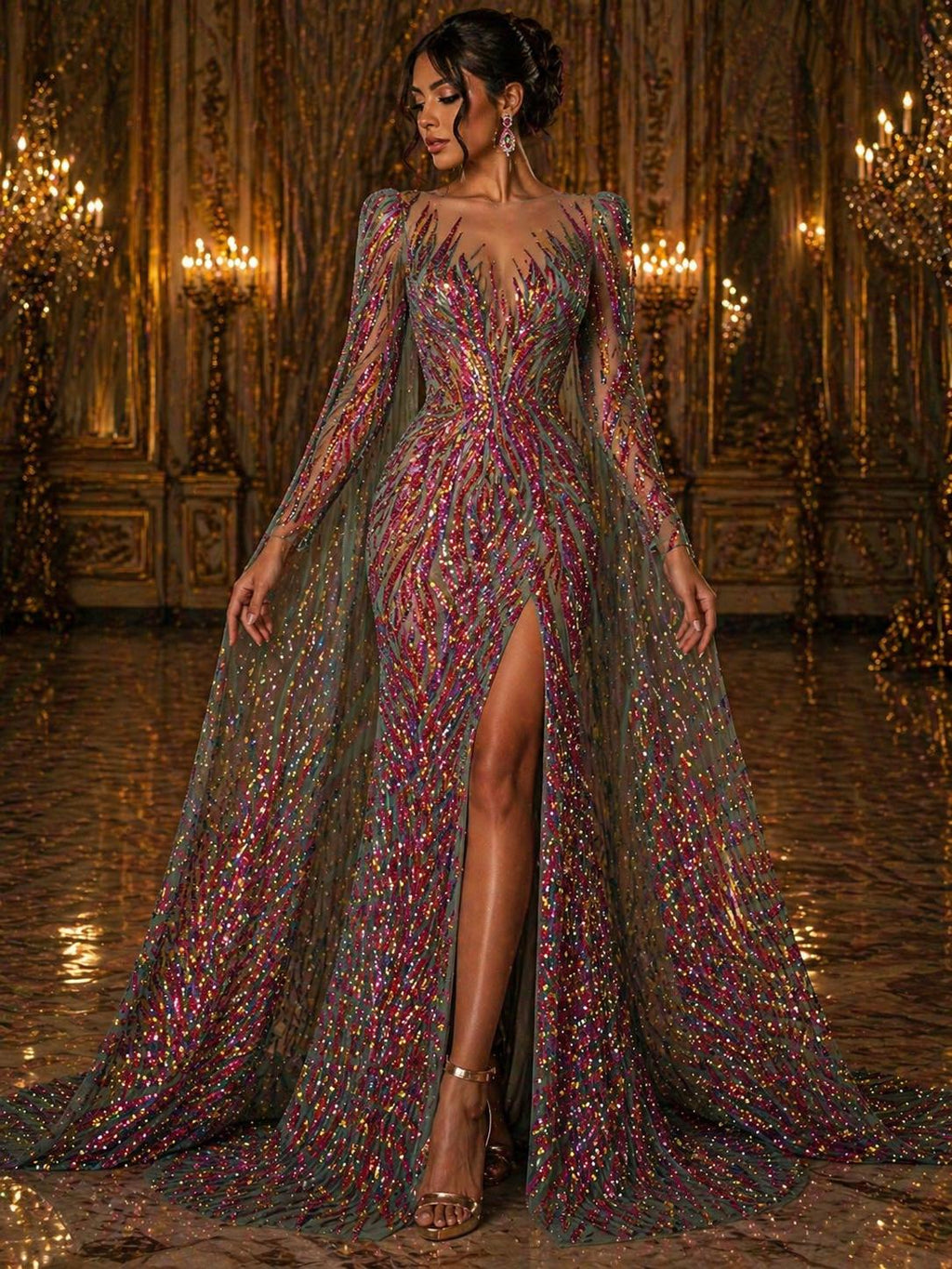 Feather Design Luxury Iridescent Shiny Sequin - RAINBOW - 4 Way Stretch Mesh Fabric – Prom & Evening Dress Material By The Yard.