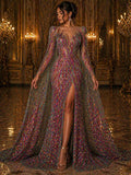 Feather Design Luxury Iridescent Shiny Sequin - RAINBOW - 4 Way Stretch Mesh Fabric – Prom & Evening Dress Material By The Yard.