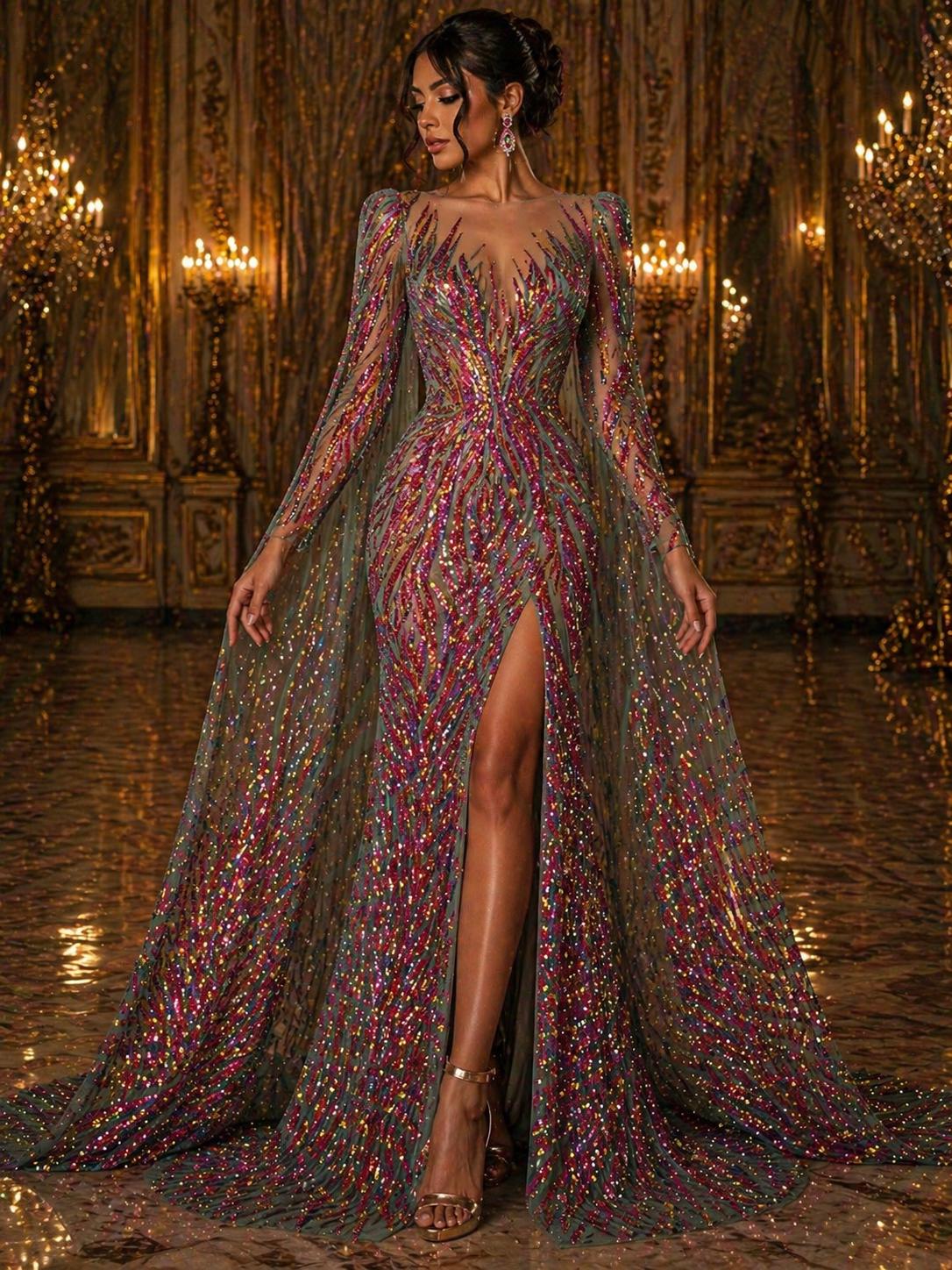Feather Design Luxury Iridescent Shiny Sequin - RAINBOW - 4 Way Stretch Mesh Fabric – Prom & Evening Dress Material By The Yard.