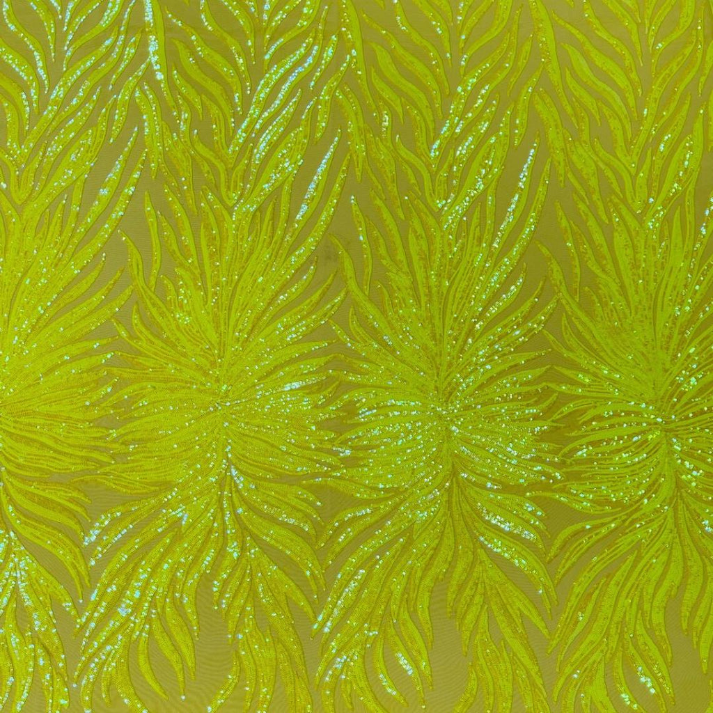 Feather Design Luxury Iridescent Shiny Sequin - NEON YELLOW - 4 Way Stretch Mesh Fabric – Prom & Evening Dress Material By The Yard.