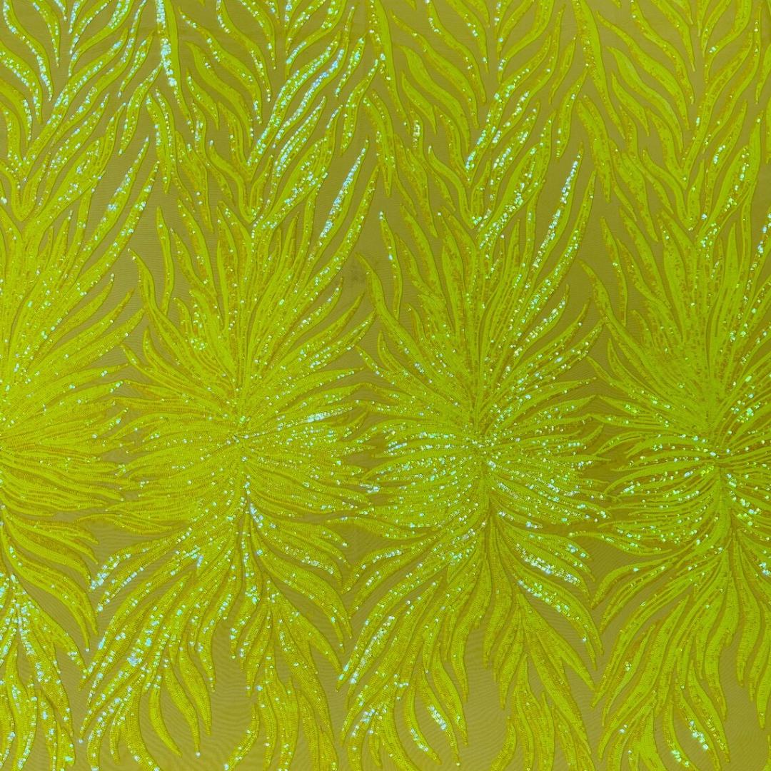 Feather Design Luxury Iridescent Shiny Sequin - NEON YELLOW - 4 Way Stretch Mesh Fabric – Prom & Evening Dress Material By The Yard.