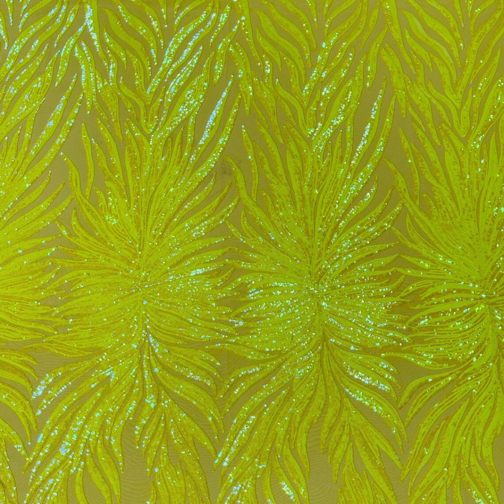 Feather Design Luxury Iridescent Shiny Sequin - NEON YELLOW - 4 Way Stretch Mesh Fabric – Prom & Evening Dress Material By The Yard.