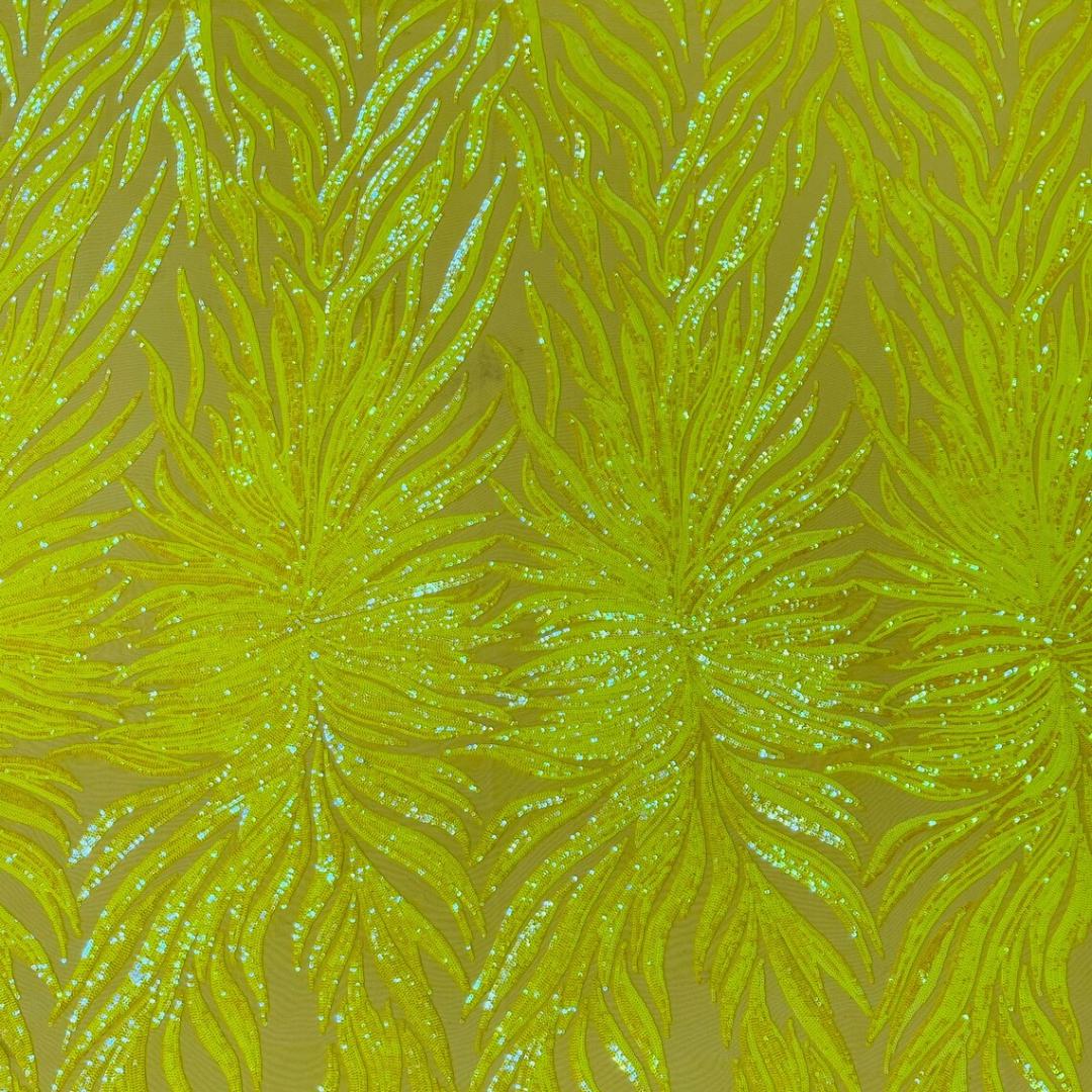 Feather Design Luxury Iridescent Shiny Sequin - NEON YELLOW - 4 Way Stretch Mesh Fabric – Prom & Evening Dress Material By The Yard.
