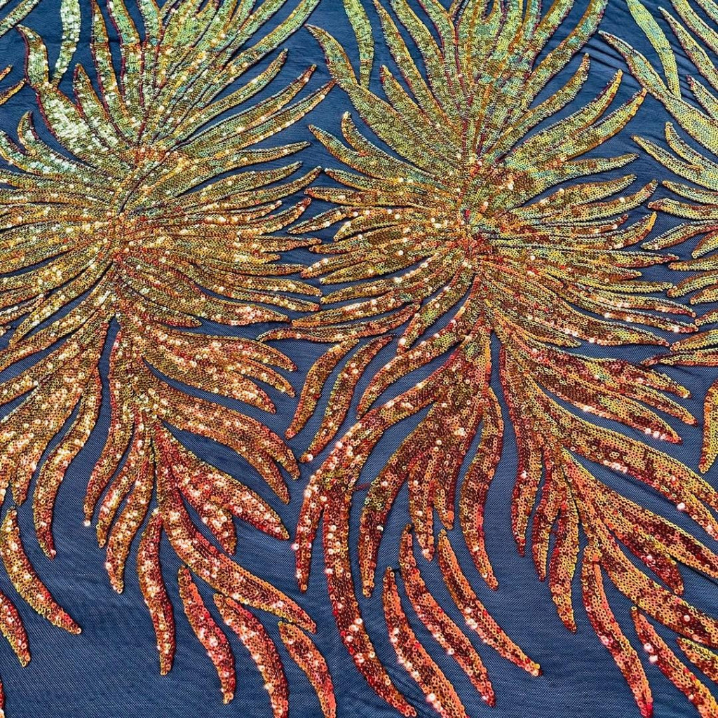 Feather Design Luxury Iridescent Shiny Sequin - ORANGE/BLACK - 4 Way Stretch Mesh Fabric – Prom & Evening Dress Material By The Yard.