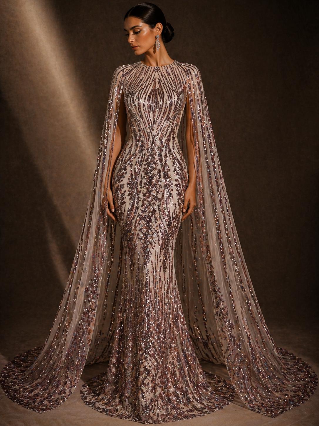 DUSTY ROSE - Luxury Shiny Sequin 4-Way Stretch Mesh Fabric – Prom & Evening Dress Material By The Yard.