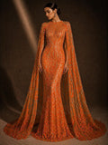 ORANGE - Luxury Shiny Sequin 4-Way Stretch Mesh Fabric – Prom & Evening Dress Material By The Yard.