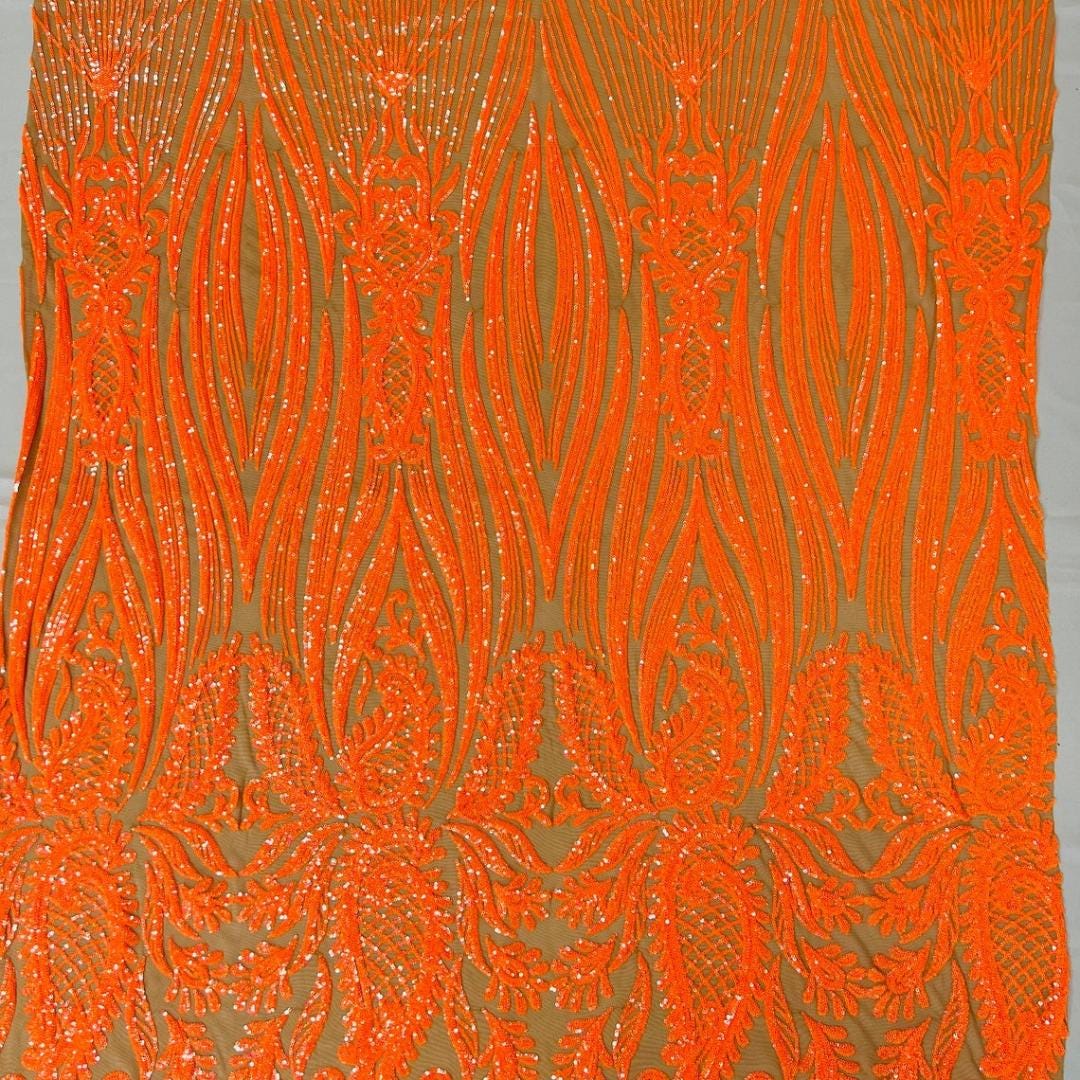 ORANGE - Luxury Shiny Sequin 4-Way Stretch Mesh Fabric – Prom & Evening Dress Material By The Yard.