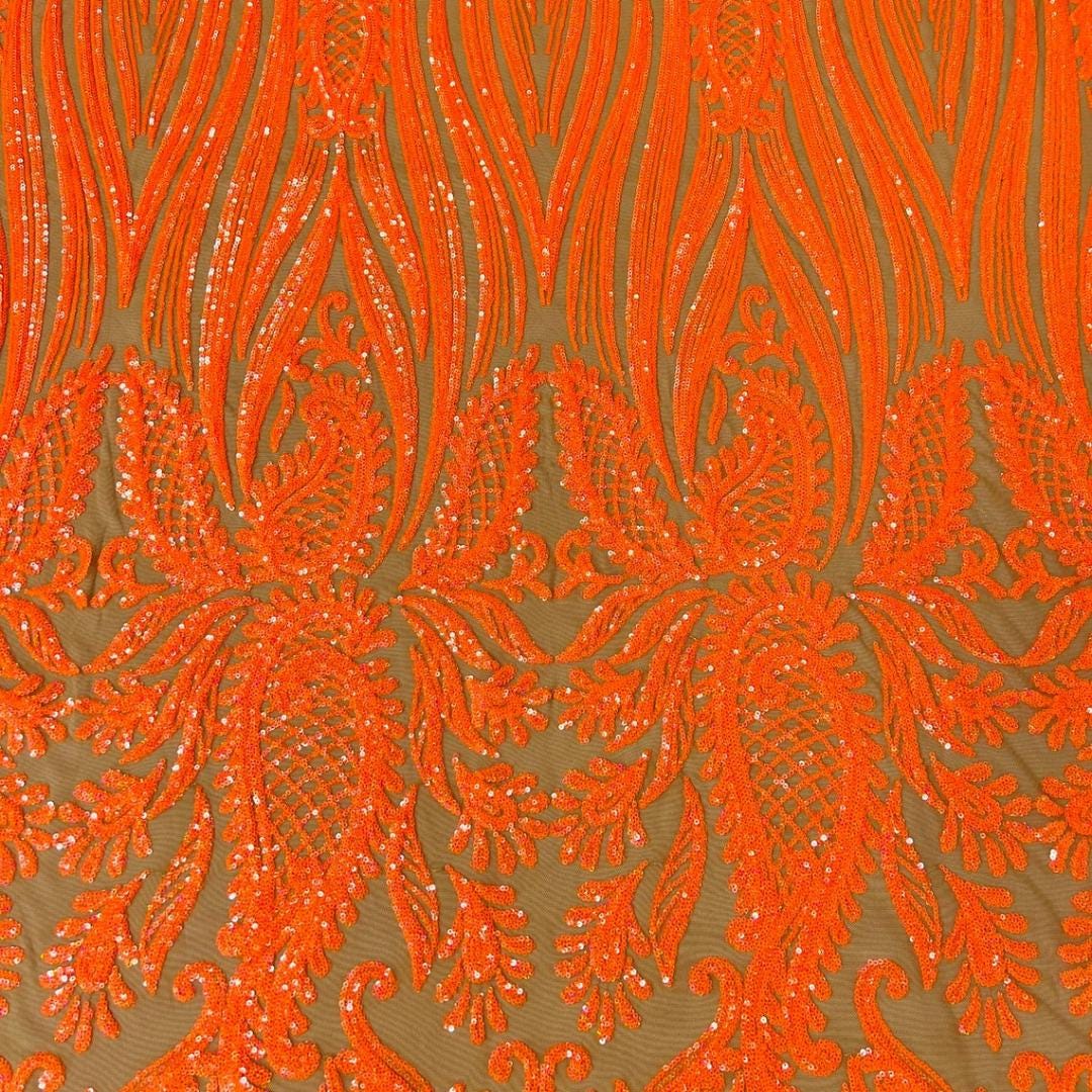 ORANGE - Luxury Shiny Sequin 4-Way Stretch Mesh Fabric – Prom & Evening Dress Material By The Yard.