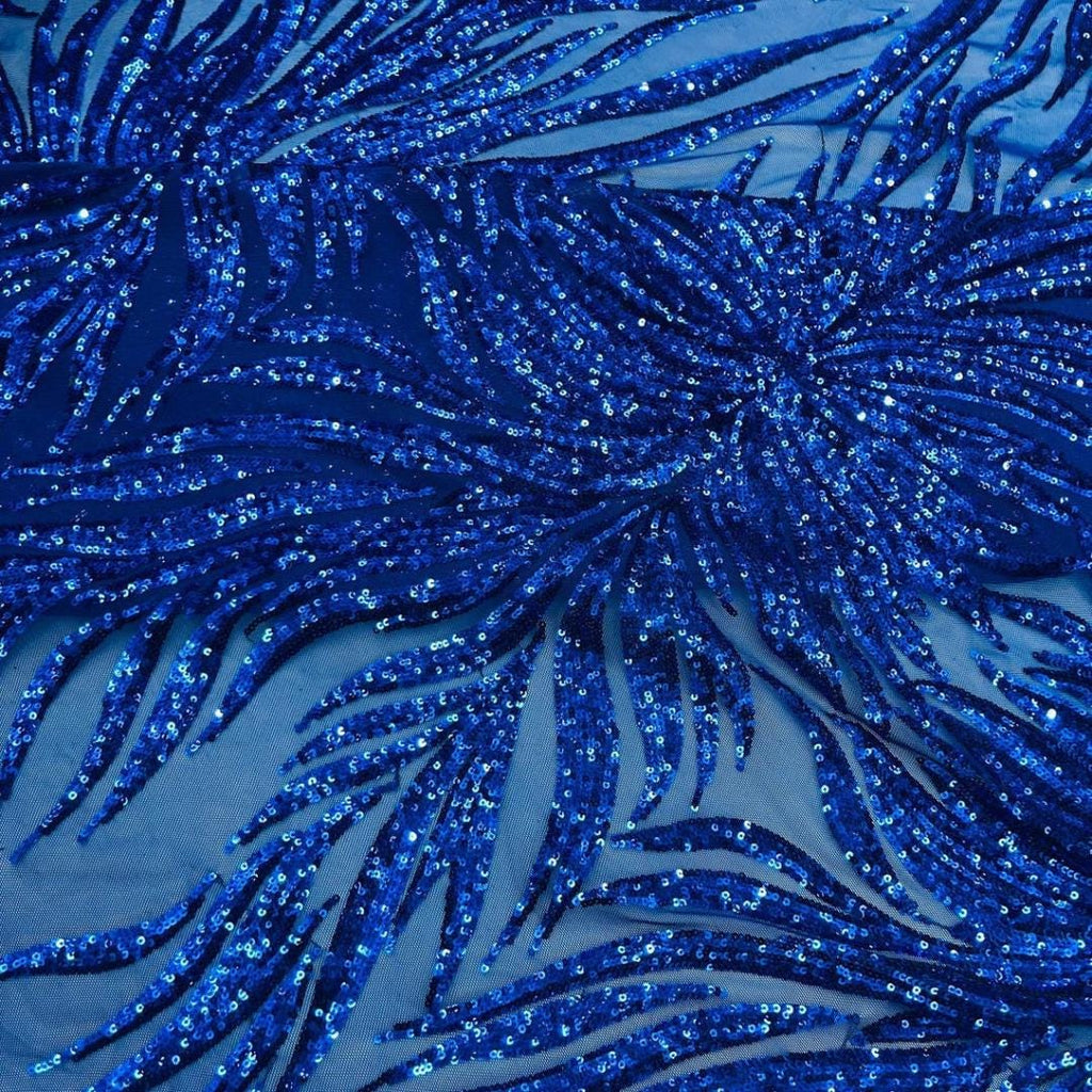 Feather Design Luxury Shiny Sequin - ROYAL - 4 Way Stretch Mesh Fabric – Prom & Evening Dress Material By The Yard.