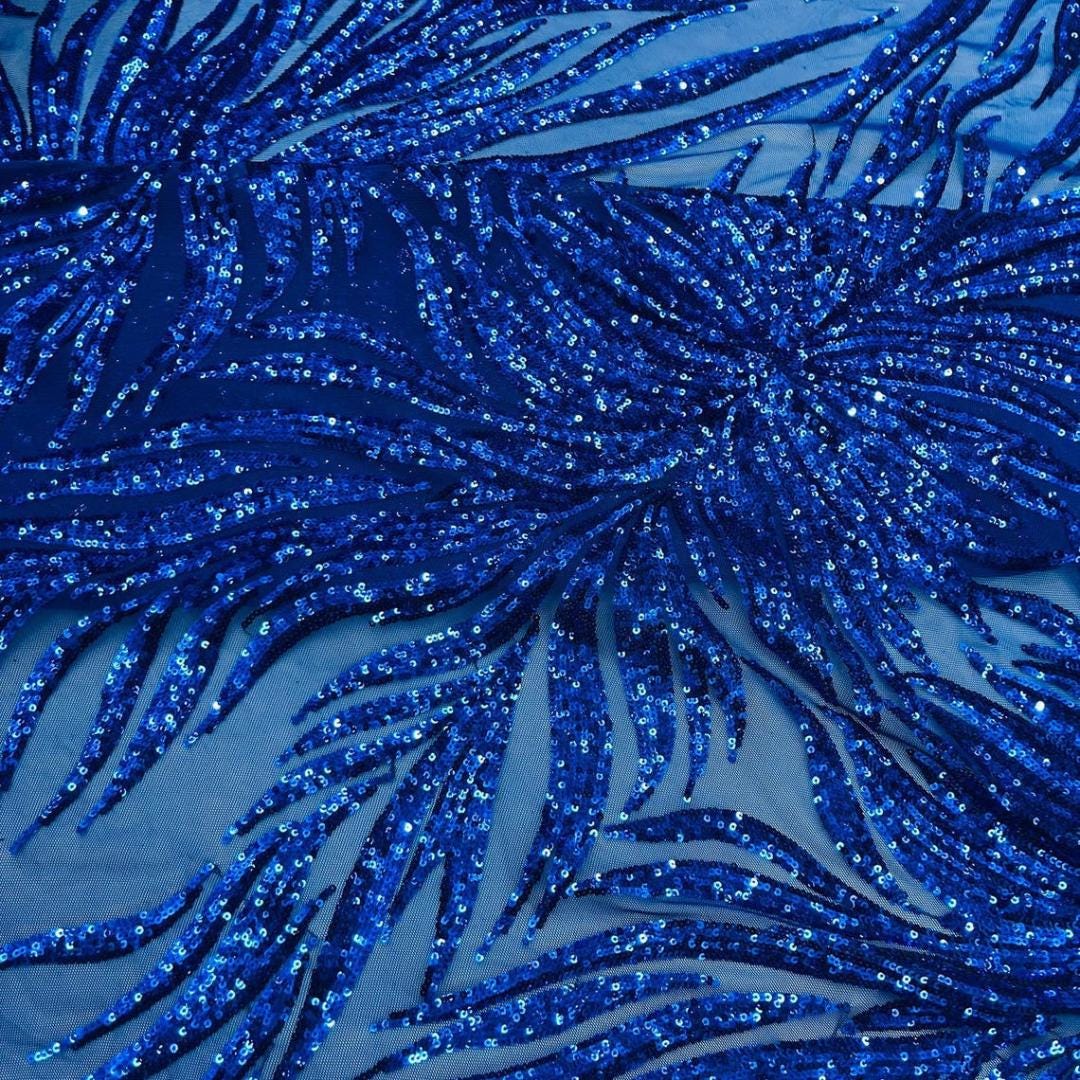 Feather Design Luxury Shiny Sequin - ROYAL - 4 Way Stretch Mesh Fabric – Prom & Evening Dress Material By The Yard.