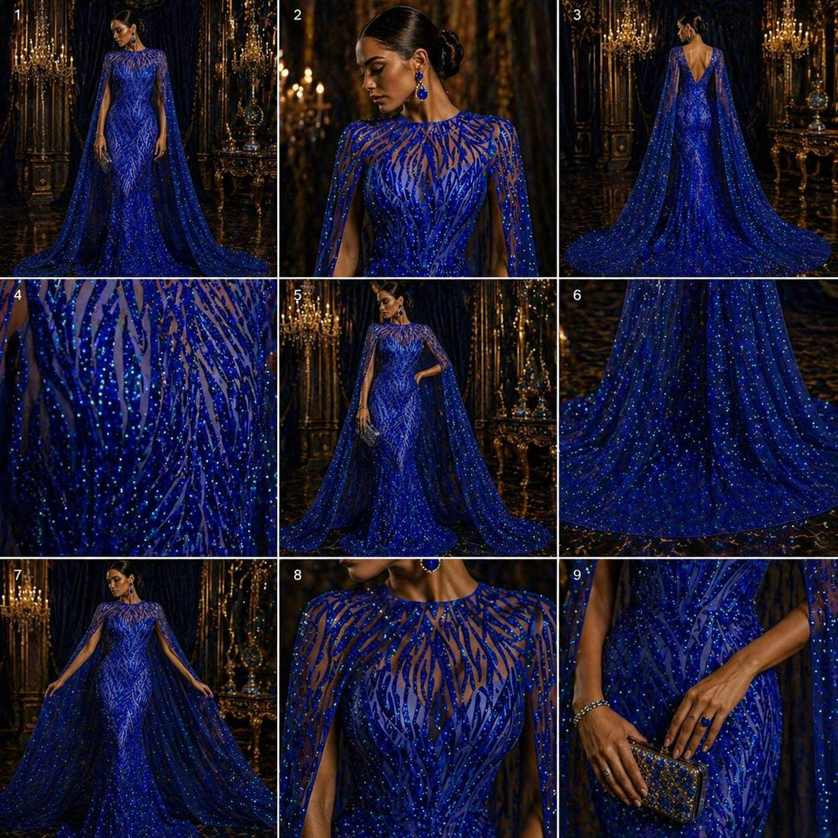 Feather Design Luxury Shiny Sequin - ROYAL - 4 Way Stretch Mesh Fabric – Prom & Evening Dress Material By The Yard.