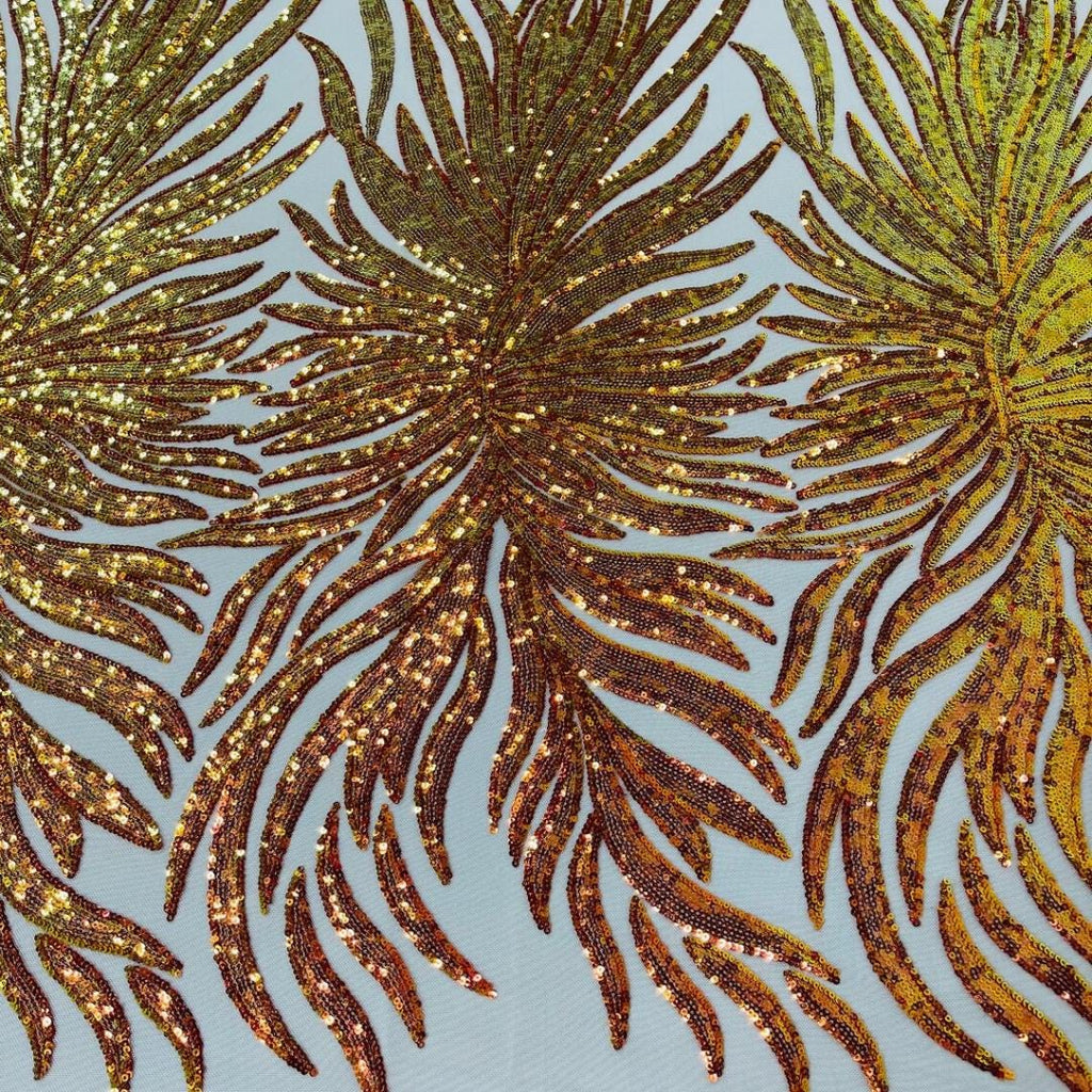 Feather Design Luxury Iridescent Shiny Sequin - ORANGE/NUDE 4 Way Stretch Mesh Fabric – Prom & Evening Dress Material By The Yard.